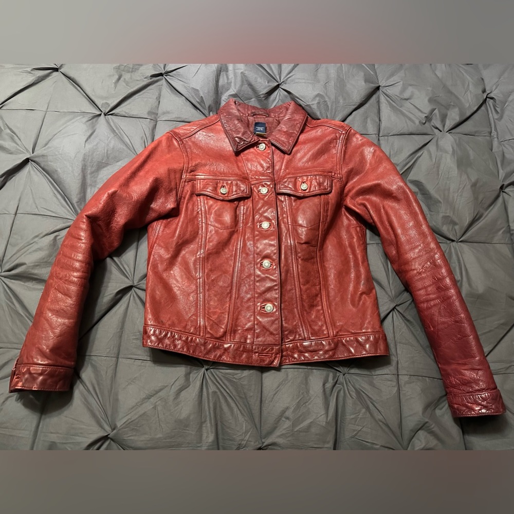 Vintage GAP Women’s /Unisex Leather Jacket Trucker Moto Biker Candy Apple Red M